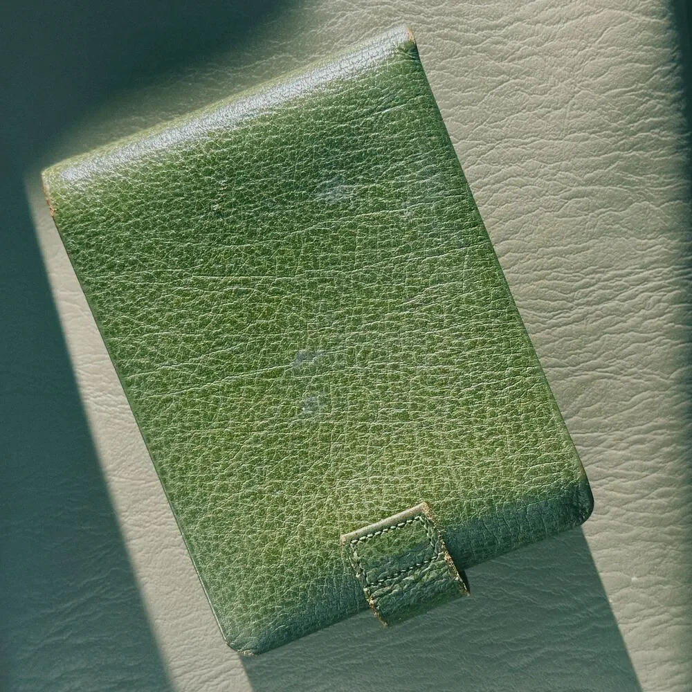 Vintage 50s Green Pebbled Leather Bifold Wallet, Chevron Emblem
